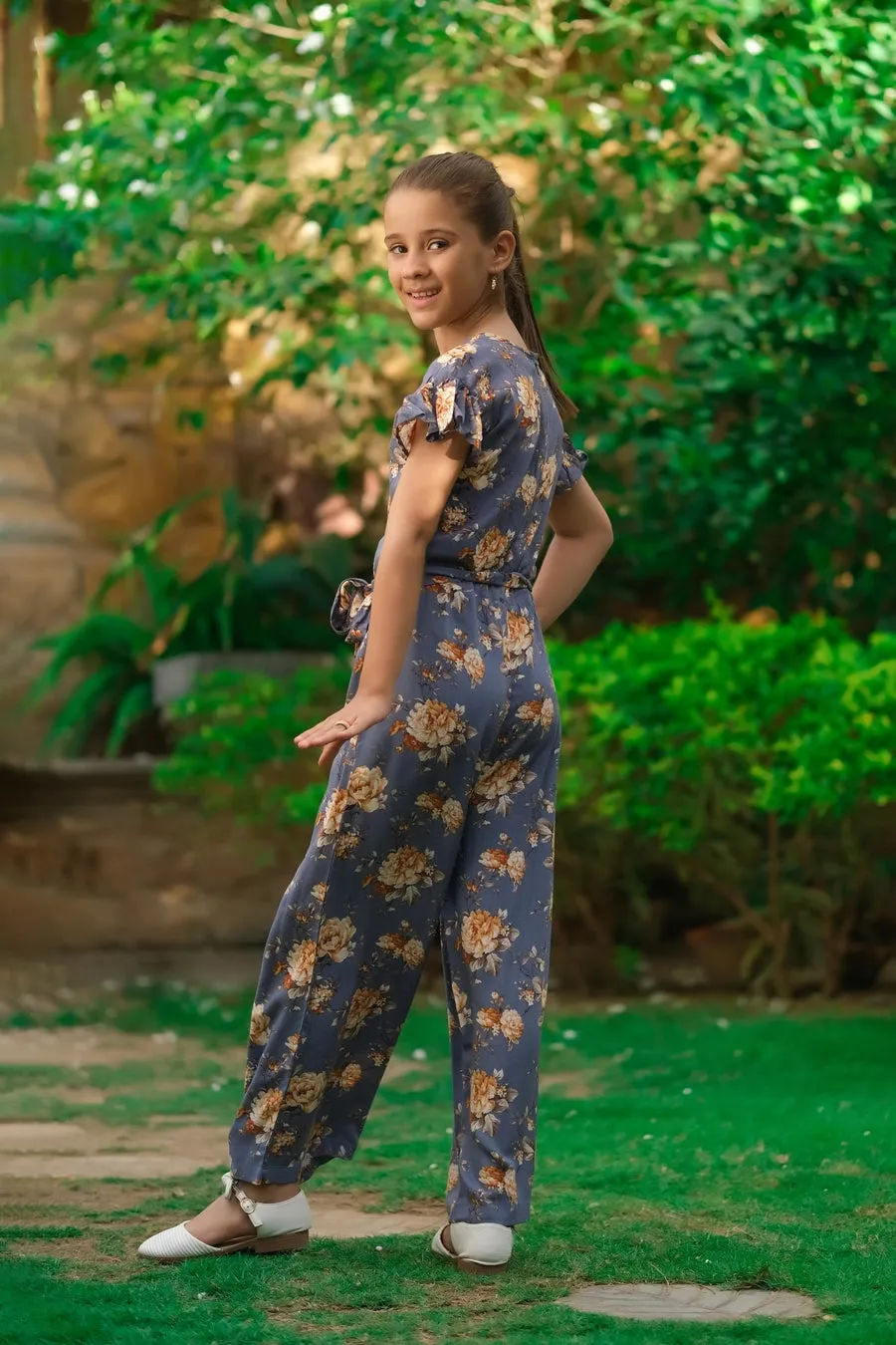 Grey Floral Print Ruffle Jumpsuit