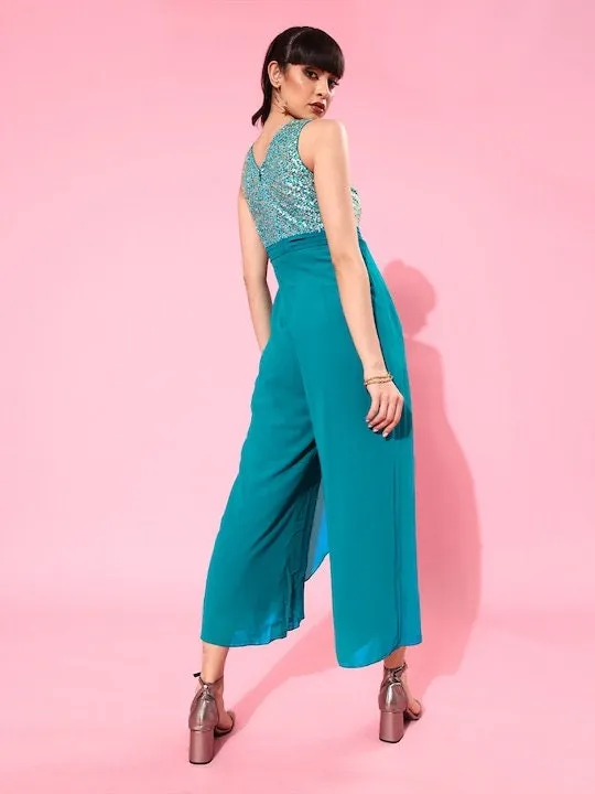 Teal Blue Sequinned Basic Layered Jumpsuit For Women